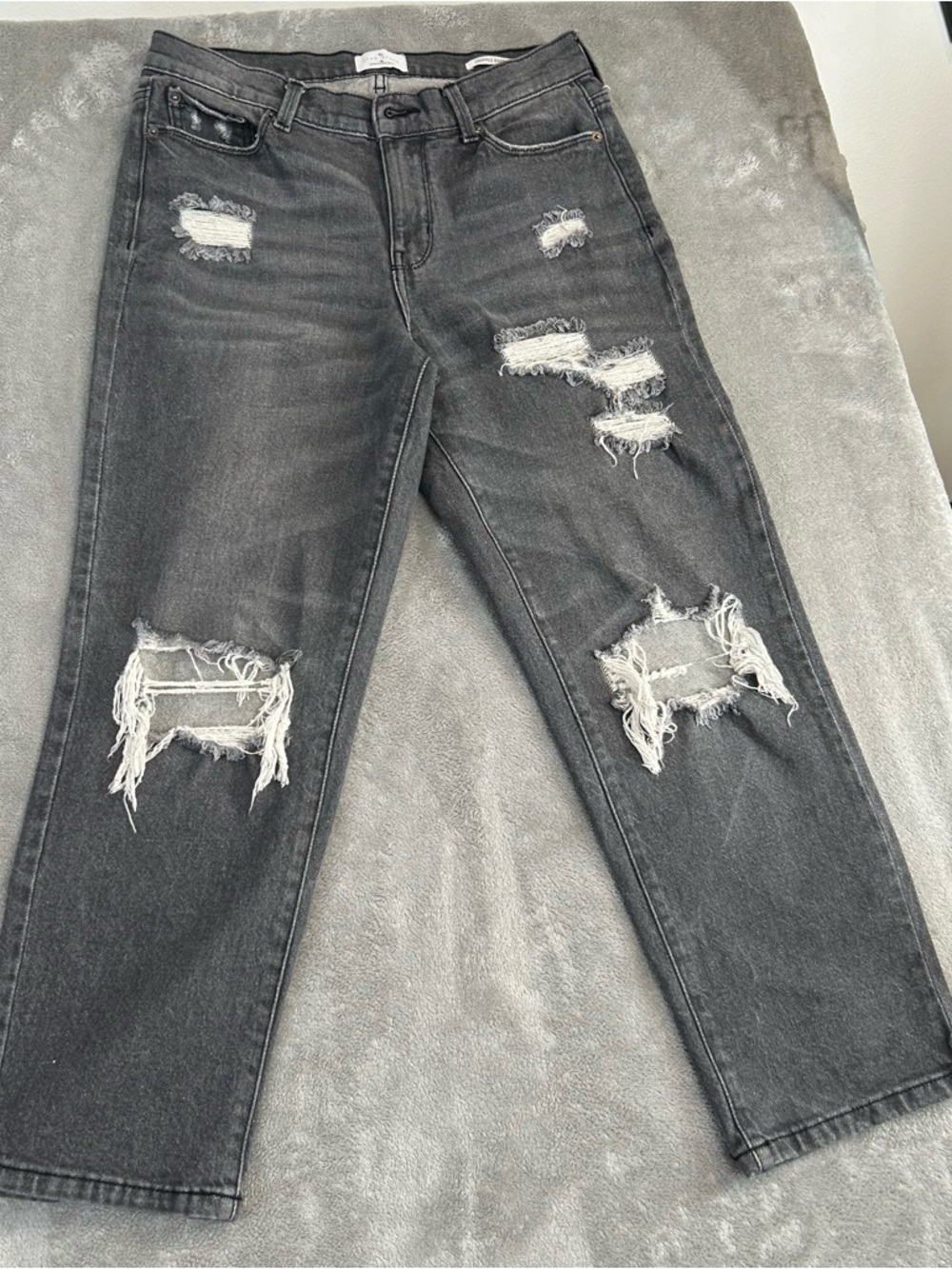 True Craft Cropped Baggy‎ Straight Jeans Women's Black Denim Distressed Size 8
